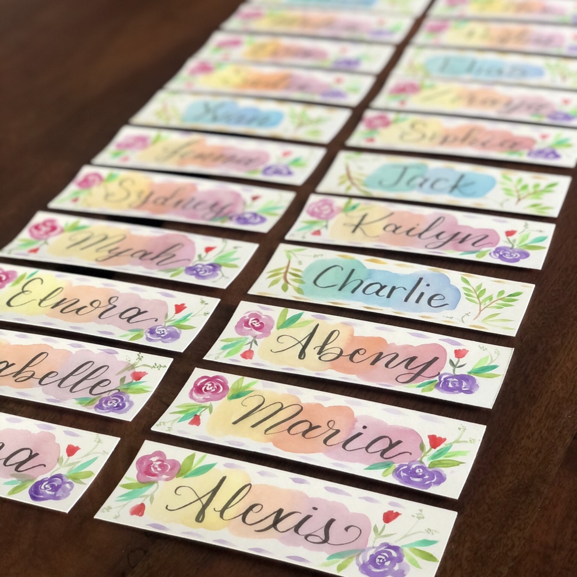 colourful watercolour name bookmarks