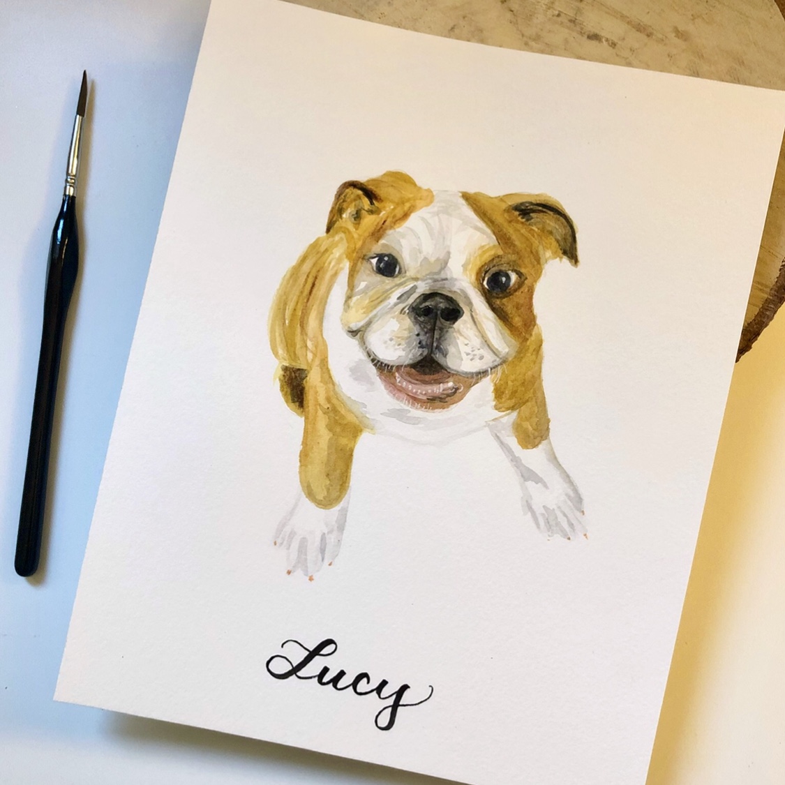 watercolour english bulldog named Lucy with a big smile