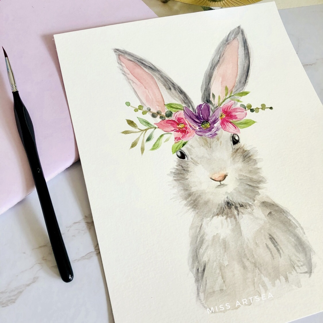 watercolour Easter bunny wearing a floral crown