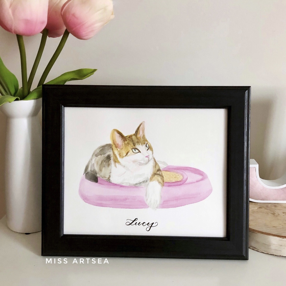 watercolour painting of a cat named Lucy