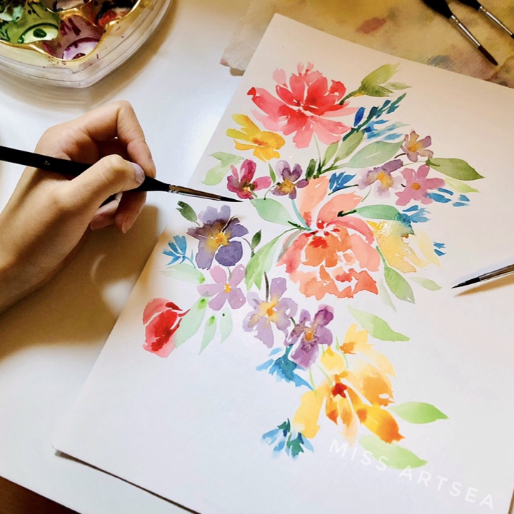 watercolour painting of a burst of colorful flowers