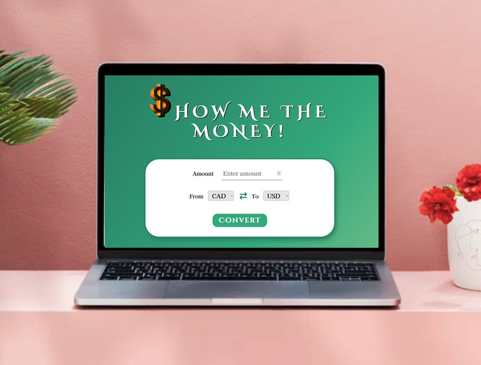 computer mockup photo of a laptop with $how Me The Money home page displayed